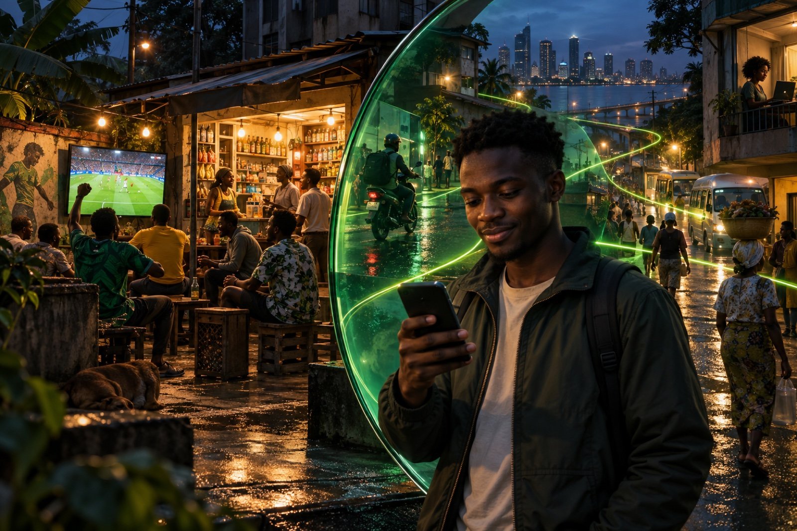 A football supporter checks his phone in a busy African city setting, connecting everyday product use with its local context
