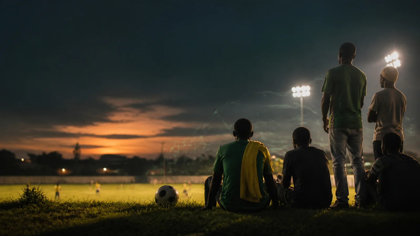 Football supporters watching a local match under the evening lights.