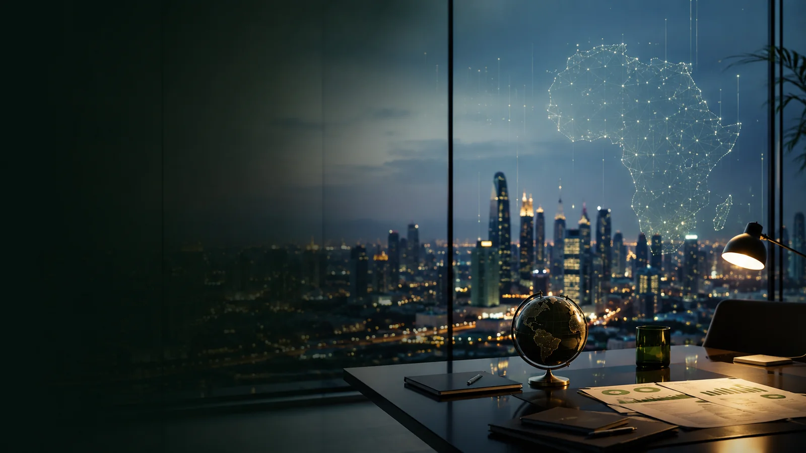 A softly lit African city workspace with a connected map of the continent.