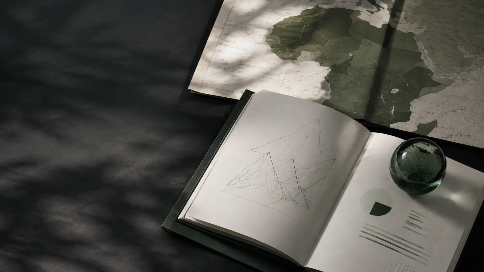 A research notebook beside a map used to interpret market evidence.