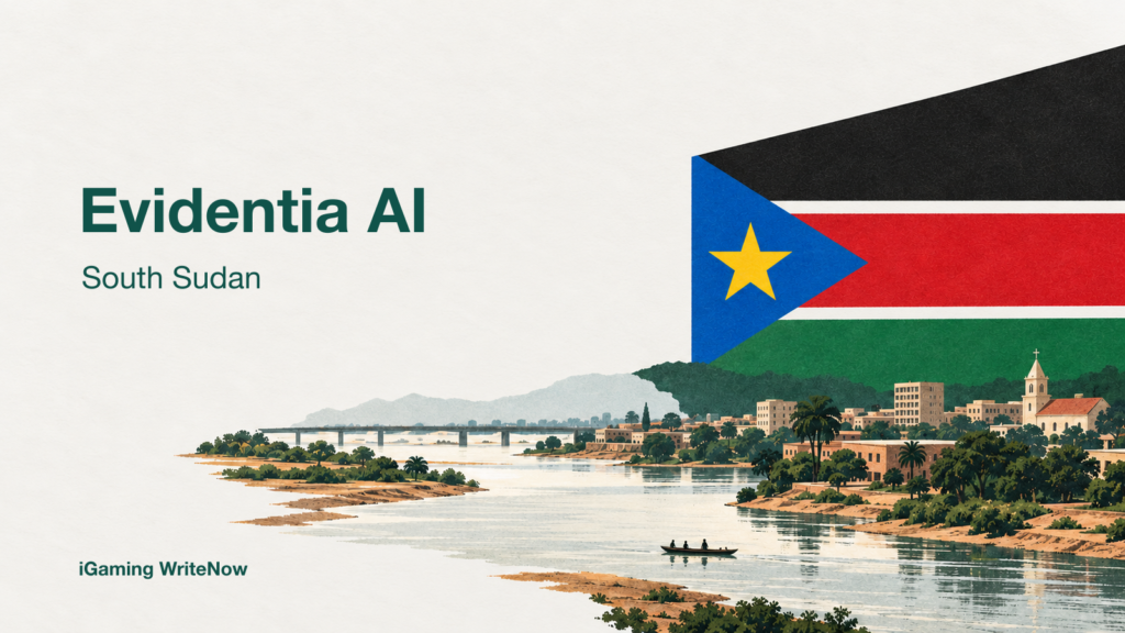 Evidentia AI and South Sudan names beside an editorial illustration of the White Nile and South Sudan’s flag colours.