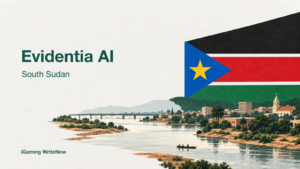 Evidentia AI and South Sudan names beside an editorial illustration of the White Nile and South Sudan’s flag colours.