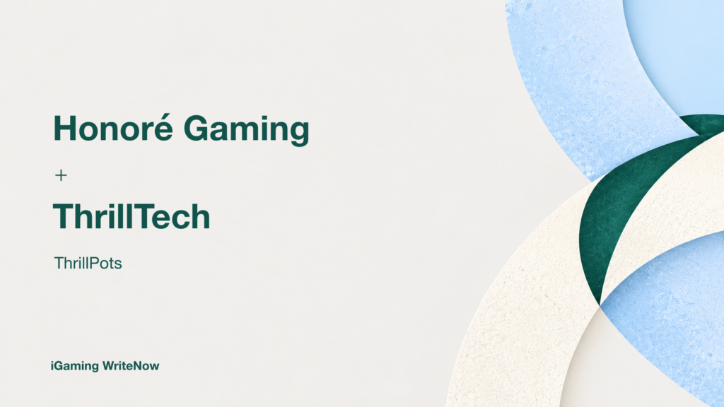 Honoré Gaming and ThrillTech names with the ThrillPots product name in a restrained green and periwinkle partnership composition.