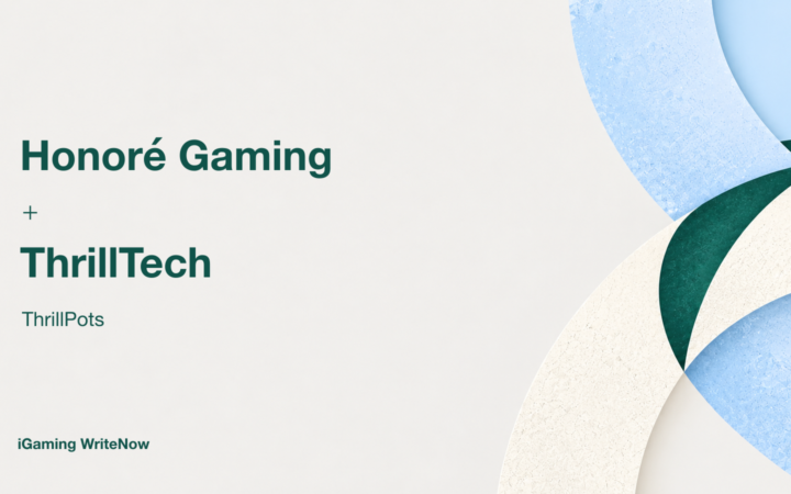 Honoré Gaming and ThrillTech names with the ThrillPots product name in a restrained green and periwinkle partnership composition.