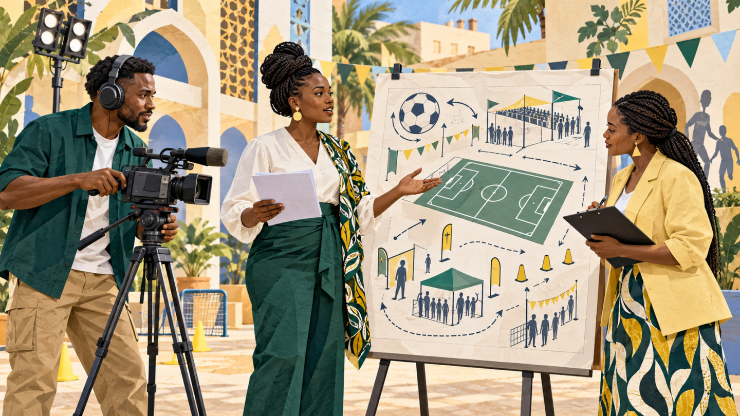 Original illustration of a local football activation team reviewing a campaign plan in an African courtyard.
