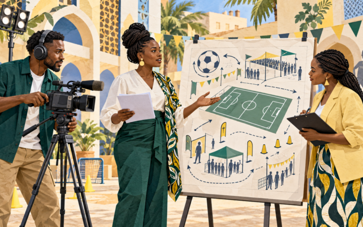 Original illustration of a local football activation team reviewing a campaign plan in an African courtyard.