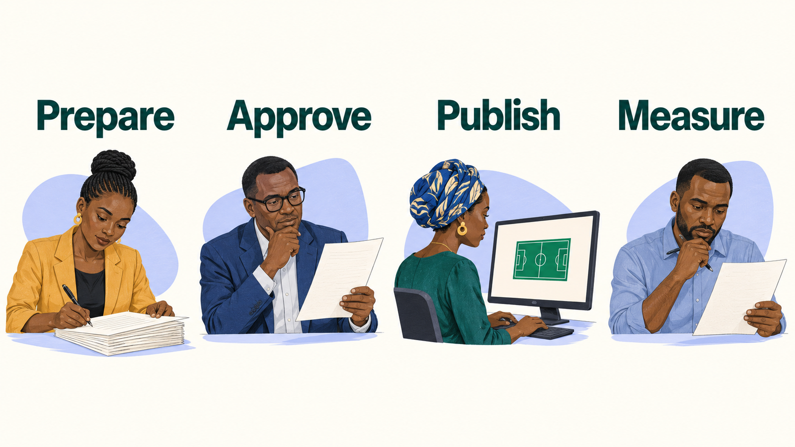 Four editorial illustrations distinguish preparing, approving, publishing and measuring content.