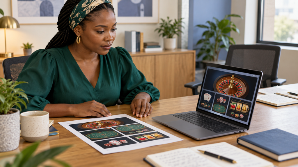 An adult editor compares printed casino-game artwork with an illustrative laptop display. 