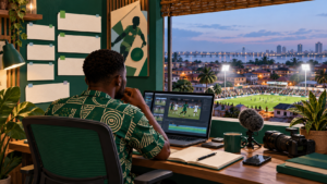 Nigerian football content editor planning coverage beside a window overlooking a floodlit pitch.