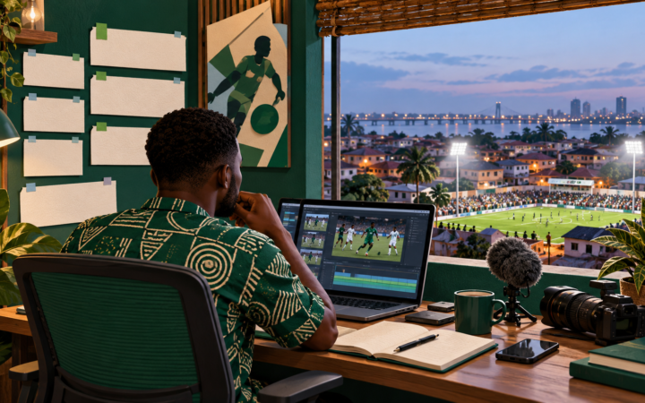 Nigerian football content editor planning coverage beside a window overlooking a floodlit pitch.
