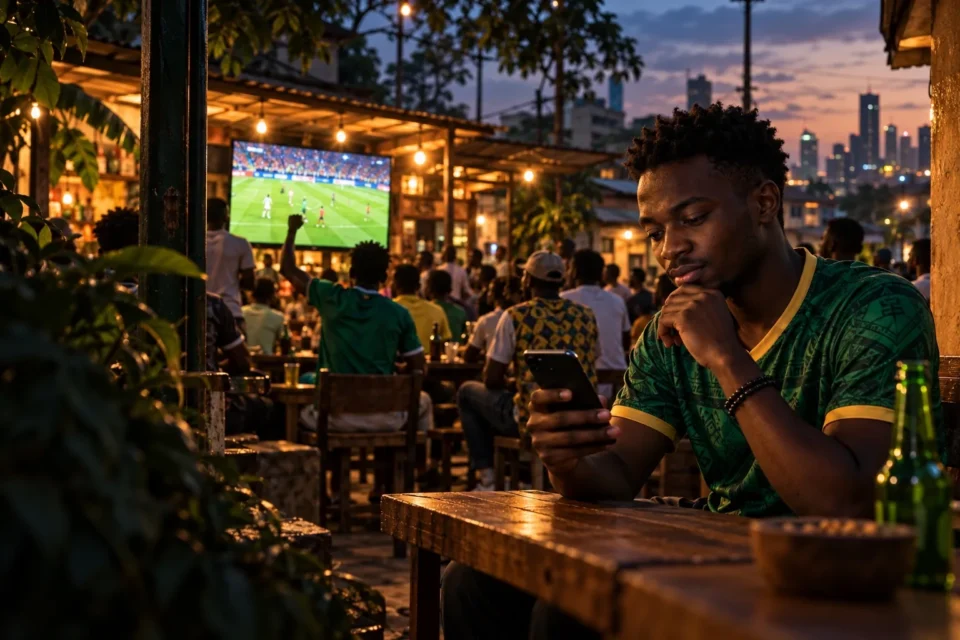 A viewer in a neighborhood football café watches a match while checking a phone.